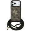 Brązowe etui na telefon z wzorem 4G i dużym logo GUESS, wyposażone w czarny sznurek z metalowymi końcówkami. Produkt przeznaczony do Apple iPhone 17 Pro Max.