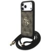 Brązowe etui na telefon z logo "GUESS" oraz wzorem 4G, wyposażone w czarny sznurek z metalowymi końcówkami. Etui jest przeznaczone do modelu Apple iPhone 17 Pro Max.