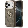 Brązowo-złote etui na telefon z wzorem 4G i dużym logo "GUESS" na dole. Etui jest dopasowane do modelu Apple iPhone 17 Pro Max i posiada wycięcia na aparat oraz przyciski.