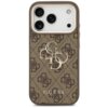 Brązowo-złote etui na telefon z wzorem 4G i dużym logo "GS" na środku, poniżej widoczny napis "GUESS". Etui jest dopasowane do modelu telefonu z trzema obiektywami aparatu.