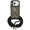Brązowe etui na telefon z wzorem 4G i dużym logo GUESS, wyposażone w czarny sznurek z metalowymi końcówkami. Etui jest przeznaczone do modelu Apple iPhone 17 Pro.