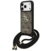 Brązowe etui na telefon z dużym logo "4G" i napisem "GUESS" na tle wzoru, wyposażone w czarny sznurek z metalowymi końcówkami. Produkt przeznaczony jest do modelu Apple iPhone 17 Pro.