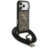 Brązowe etui na telefon z dużym logo "4G" i napisem "GUESS" na tle wzoru, wyposażone w czarny sznurek z metalowymi końcówkami. Produkt przeznaczony do modelu Apple iPhone 17 Pro.