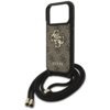 Brązowe etui na telefon z dużym logo "4G" i napisem "GUESS" na tle wzoru, wyposażone w czarny sznurek z metalowymi końcówkami. Produkt przeznaczony jest do modelu Apple iPhone 17 Pro.