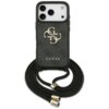 Czarne etui na telefon z dużym, złotym logo "4G" oraz napisem "GUESS" na tle wzoru z mniejszymi logo. Do etui przymocowany jest czarny sznurek z metalowymi końcówkami.