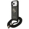 Czarne etui na telefon z dużym, złotym logo "4G" oraz napisem "GUESS" na dole, wyposażone w czarny sznurek z metalowymi końcówkami. Etui jest przeznaczone do modelu Apple iPhone 17 Pro.