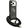 Czarne etui na telefon z widocznym dużym logo "4G" oraz napisem "GUESS" na tle wzoru, wyposażone w czarny sznurek z metalowymi końcówkami. Produkt przeznaczony jest do modelu Apple iPhone 17 Pro.