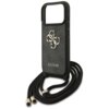 Czarne etui na telefon z dużym logo "4G" i napisem "GUESS" na dole, wyposażone w czarny sznurek z metalowymi końcówkami. Etui ma wycięcie na aparat i przyciski boczne.