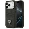 Czarne etui na telefon z dwoma kieszonkami na karty, ozdobione wzorem i trójkątnym logo z napisem "GUESS U.S.A.". Obok etui widoczny jest telefon z wyświetlaczem w ciemnych kolorach.