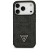 Czarne etui na telefon z wzorem 4G i kieszonką na karty, ozdobione trójkątnym logo z napisem "GUESS U.S.A." na dole. Etui jest dopasowane do modelu Apple iPhone 17 Pro.
