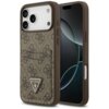 Brązowe etui na telefon z wzorem 4G i kieszonką na karty, ozdobione trójkątnym logo z napisem "GUESS U.S.A." oraz znakiem zapytania. Etui jest założone na telefon z trzema widocznymi obiektywami aparatu.