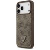 Brązowe etui na telefon z wzorem 4G i kieszonką na karty, ozdobione trójkątnym logo z napisem "GUESS U.S.A". Etui posiada wycięcia na aparat i przyciski boczne.