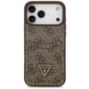 Brązowe etui na telefon z wzorem 4G i kieszonką na karty, ozdobione trójkątnym logo z napisem "GUESS U.S.A." na dole. Etui jest dopasowane do telefonu z trzema widocznymi obiektywami aparatu.