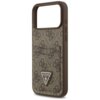 Brązowe etui na telefon z wzorem 4G i kieszonką na karty, ozdobione trójkątnym logo z napisem "GUESS U.S.A." na dole. Etui posiada wycięcia na przyciski i aparat.