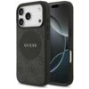 Czarne etui na telefon z widocznym logo "GUESS" na teksturowanej powierzchni, obok smartfona z wyświetlaczem pokazującym abstrakcyjny wzór. Etui posiada wycięcia na aparat i przyciski boczne.