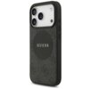 Czarne etui na telefon z teksturowanym wzorem i okrągłym logo "GUESS" na środku. Etui posiada wycięcia na trzy obiektywy aparatu oraz przyciski boczne.