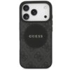Czarne etui na telefon z teksturowanym wzorem i dużym, okrągłym logo "GUESS" w centralnej części. Etui posiada wycięcia na trzy obiektywy aparatu oraz dodatkowe otwory na inne elementy telefonu.