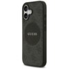 Czarne etui na telefon z teksturą i wzorem 4G, posiada okrągłe logo z napisem "GUESS" w centralnej części. Etui jest przeznaczone do Apple iPhone 17 i ma wycięcia na aparat oraz przyciski.