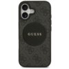 Czarne etui na telefon z wzorem 4G i okrągłym logo z napisem "GUESS" na środku. Etui posiada wycięcia na aparat i przyciski.
