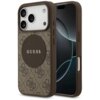 Brązowe etui na telefon z widocznym wzorem i okrągłym logo "GUESS" na środku, zaprojektowane dla modelu iPhone. Etui posiada wycięcia na aparat i przyciski, a jego powierzchnia jest ozdobiona motywem 4G.