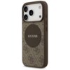 Brązowe etui na telefon z wzorem 4G i okrągłym logo "GUESS" na środku, zaprojektowane dla Apple iPhone 17 Pro z funkcją MagSafe. Etui ma wycięcia na aparat i przyciski boczne.