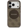Brązowe etui na telefon z wzorem 4G i dużym, ciemniejszym okręgiem pośrodku, na którym widnieje napis "GUESS". Etui jest przeznaczone do Apple iPhone 17 Pro i posiada funkcję MagSafe.