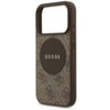 Brązowe etui na telefon z wzorem 4G i okrągłym logo "GUESS" na środku. Etui posiada wycięcie na aparat oraz przyciski boczne.