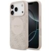 Etui na telefon w kolorze różowym z widocznym logo "GUESS" na okrągłym tle, ozdobione wzorem 4G. Etui jest dopasowane do modelu telefonu z trzema aparatami i wyświetlaczem z zaokrąglonymi rogami.