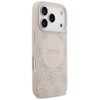 Etui na telefon w kolorze różowym z teksturą i wzorem 4G, posiada okrągłe logo z napisem "GUESS" na środku. Etui jest przeznaczone do modelu Apple iPhone 17 Pro i jest kompatybilne z MagSafe.