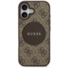 Brązowe etui na telefon z wzorem 4G i dużym, ciemniejszym okręgiem pośrodku, na którym widnieje napis "GUESS". W górnym rogu etui znajdują się wycięcia na dwa obiektywy aparatu i lampę błyskową.