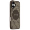 Brązowe etui na telefon z wzorem 4G i dużym, okrągłym logo "GUESS" na środku. Etui jest przeznaczone do iPhone'a i posiada wycięcia na aparat oraz przyciski.