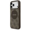 Brązowe etui na telefon z wzorem 4G i okrągłym logo "GUESS" na środku. Etui posiada wycięcia na aparat i przyciski boczne.