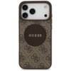 Brązowe etui na telefon z wzorem 4G i okrągłym logo "GUESS" na środku. Etui jest przeznaczone do modelu Apple iPhone 17 Pro Max i posiada funkcję MagSafe.