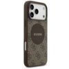 Brązowe etui na telefon z wzorem 4G i okrągłym logo "GUESS" na środku. Etui jest przeznaczone do modelu Apple iPhone 17 Pro Max i posiada funkcję MagSafe.