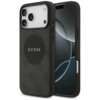Czarne etui na telefon z widocznym logo "GUESS" w centralnej części, posiada teksturę z delikatnym wzorem. Etui jest przeznaczone do modelu Apple iPhone 17 Pro Max i jest kompatybilne z MagSafe.