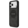 Czarne etui na telefon z widocznym wzorem i okrągłym logo "GUESS" na środku. Etui posiada wycięcia na trzy obiektywy aparatu oraz przyciski boczne.
