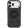 Czarne etui na telefon z widocznym wzorem 4G i centralnie umieszczonym okrągłym logo z napisem "GUESS". Etui jest przeznaczone do modelu Apple iPhone 17 Pro Max i posiada funkcję MagSafe.