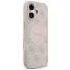 Etui na telefon w kolorze różowym z wzorem 4G i okrągłym logo GUESS na środku. Produkt jest przeznaczony do Apple iPhone 17 i posiada funkcję MagSafe.