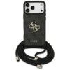Czarne etui na telefon z widocznym wzorem i dużym logo "4G" oraz napisem "GUESS" poniżej. Do etui przymocowany jest czarny sznurek z metalowymi końcówkami.