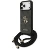 Czarne etui na telefon z dużym, złotym logo "4G" oraz napisem "GUESS" na dole, wyposażone w czarny sznurek z metalowymi końcówkami. Etui jest przeznaczone do modelu Apple iPhone 17 Pro Max.