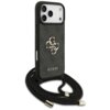 Czarne etui na telefon z dużym, złotym logo "4G" oraz napisem "GUESS" na tle wzoru, wyposażone w czarny sznurek z metalowymi końcówkami. Etui jest przeznaczone do modelu Apple iPhone 17 Pro Max.