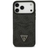 Czarne etui na telefon z wzorem 4G i kieszonką na karty, ozdobione trójkątnym logo z napisem "GUESS U.S.A." oraz znakiem zapytania. Etui jest dopasowane do telefonu z trzema widocznymi obiektywami aparatu.
