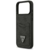Czarne etui na telefon z teksturowanym wzorem, posiada kieszonkę na karty oraz trójkątne logo z napisem "GUESS U.S.A." na dole. Etui ma wycięcie na aparat i przyciski boczne.