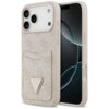 Etui na telefon w kolorze różowym z wzorem 4G i kieszonką na karty, posiada trójkątne logo z napisem "GUESS" oraz znakiem zapytania. Obok etui widoczny jest telefon z wyświetlaczem pokazującym ciemny ekran z jasnymi okręgami.