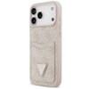 Różowe etui na telefon z wzorem 4G i kieszonką na karty, ozdobione trójkątnym logo z napisem "GUESS" oraz znakiem zapytania. Etui posiada wycięcia na aparat i przyciski boczne.