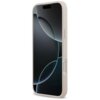 Na zdjęciu widoczne jest różowe etui na telefon z wycięciami na przyciski i aparat, przeznaczone dla modelu Apple iPhone 17 Pro Max. Ekran telefonu w etui wyświetla abstrakcyjną grafikę z ciemnym tłem i jasnymi, zaokrąglonymi kształtami.