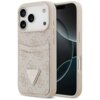 Etui na telefon w kolorze różowym z wzorem 4G i kieszonką na karty, ozdobione trójkątnym logo z napisem "GUESS USA". Obok etui widoczny jest telefon z ciemnym ekranem.