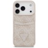 Różowe etui na telefon z wzorem 4G i kieszonką na karty, ozdobione trójkątnym logo z napisem "GUESS U.S.A." na dole. Etui ma wycięcia na trzy obiektywy aparatu i lampę błyskową.