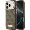 Brązowe etui na telefon z wzorem 4G i metalową plakietką z napisem "GUESS" na dole. Etui jest dopasowane do modelu telefonu z trzema aparatami i posiada wycięcia na przyciski oraz porty.