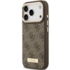 Brązowe etui na telefon z wzorem 4G i metalową plakietką z napisem "GUESS" na dole. Etui posiada wycięcia na aparat i przyciski boczne.